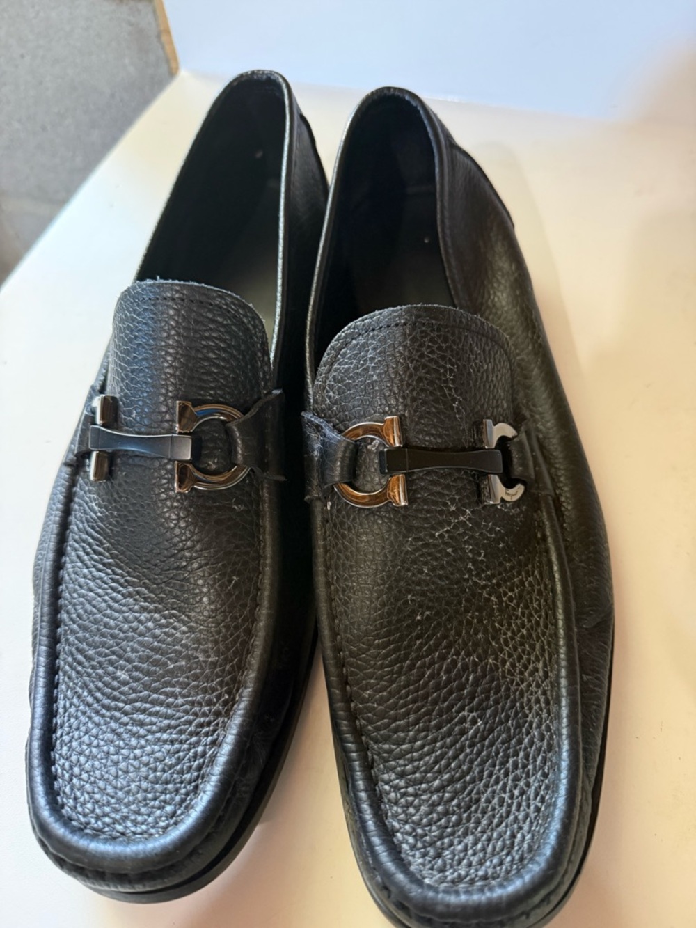 Salvatore Ferragamo Black Pebbled Leather Bit Slip-On Loafers